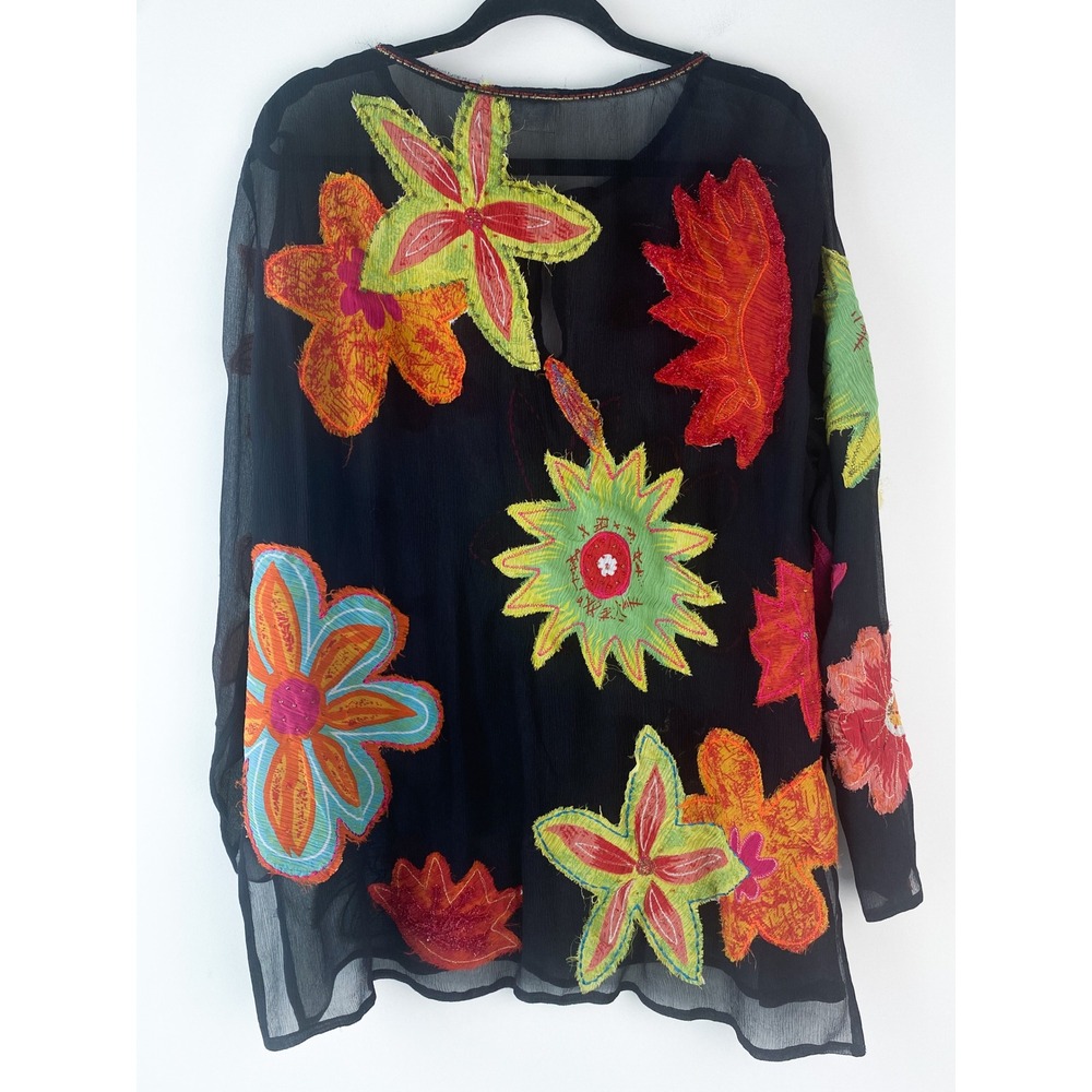 Chicos Womens 100% Silk Sheer Tunic Top XL Black Floral Colorful Artsy Lagenlook - Picture 4 of 7